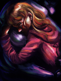  a digital painting of edward elric hugging Alphonse, who is a suit of armor. The piece is focused on Edward, and Al's face is out of frame. Ed’s face is turned slightly away from Al and he’s looking directly at the viewer through one eye. The lighting is dramatic with the boys surrounded by darkness.