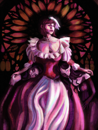 digital painting of dante from FMA 2003, smirking  at the viewer and sitting with Sloth and Lust resting their heads on her lap. She wears a ballgown and she sits in front of a dull, circular stained glass window