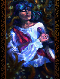 a mock tarot card labeled death of Fakir lying dead with his hands clasped over his sword. He wears a white shirt which is starkly contrasted by a large, bloody wound slicing his chest in half along his birthmark. The Prince and the Raven book is tucked in his arm. He is underwater, and skulls are faintly visible between the kelp that tangles around him.